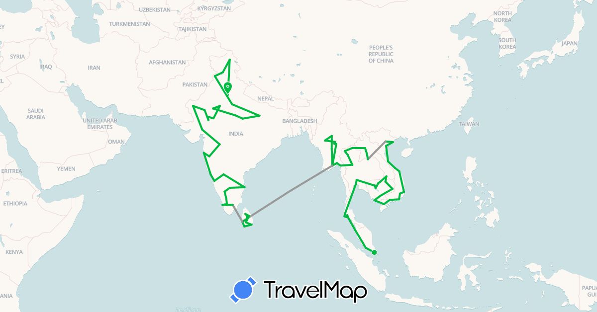TravelMap itinerary: driving, bus, plane in India, Cambodia, Laos, Sri Lanka, Myanmar (Burma), Malaysia, Singapore, Thailand, Vietnam (Asia)